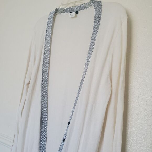 J. Crew Cardigan Size M Ivory With Silver Trim Button Closure Pima Cotton Wool - Picture 5 of 14